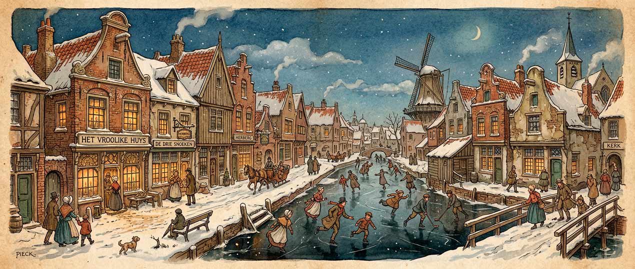 Nostalgic winter village scene typical of Anton Pieck's illustration style featuring ice skaters on a frozen canal and historic Dutch houses with warm lighting